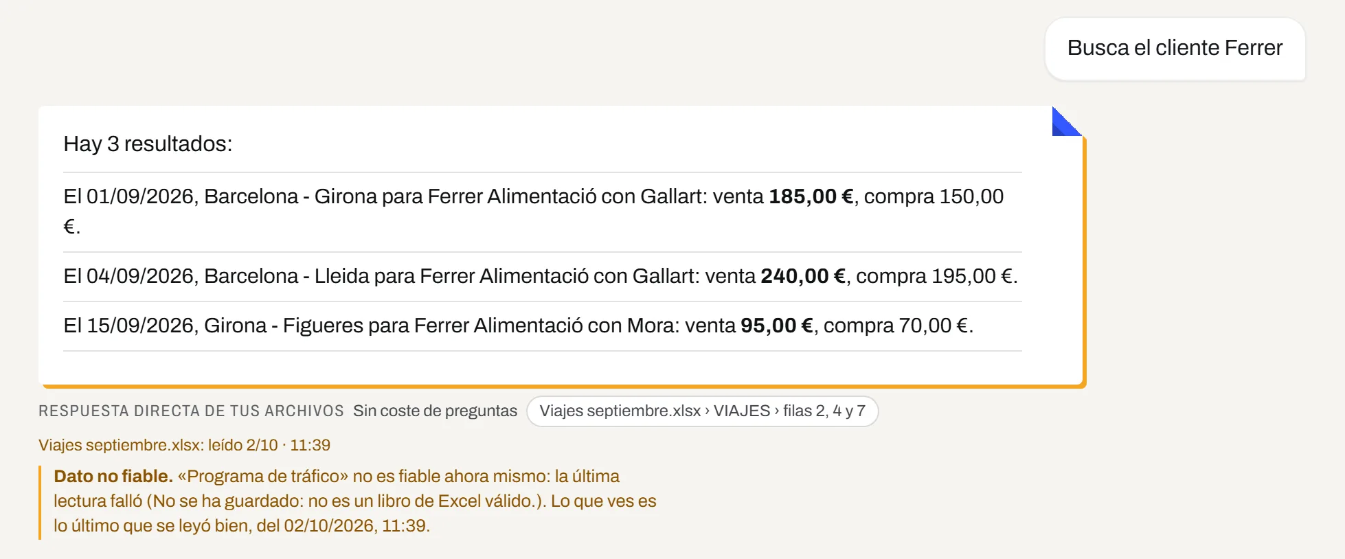 Captura de Fold: la búsqueda de viajes con el aviso «Dato no fiable», que explica que la última lectura del programa falló y de cuándo es lo último que se leyó bien.