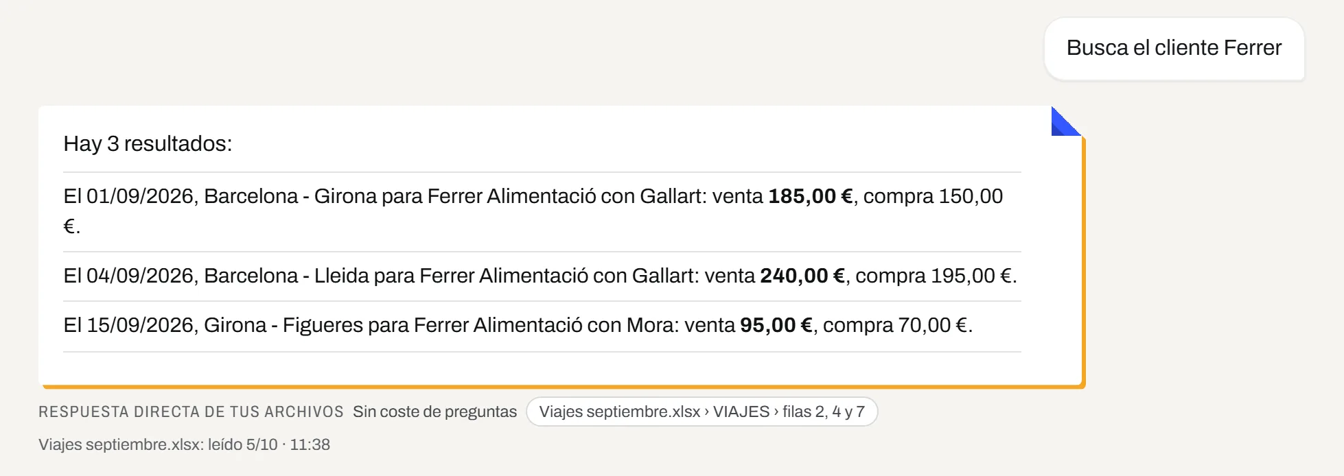 Captura de Fold: la misma búsqueda sobre un archivo propio. Debajo de la respuesta, «Sin coste de preguntas», el archivo Viajes septiembre.xlsx con sus filas y la línea «leído 5/10 · 11:38».