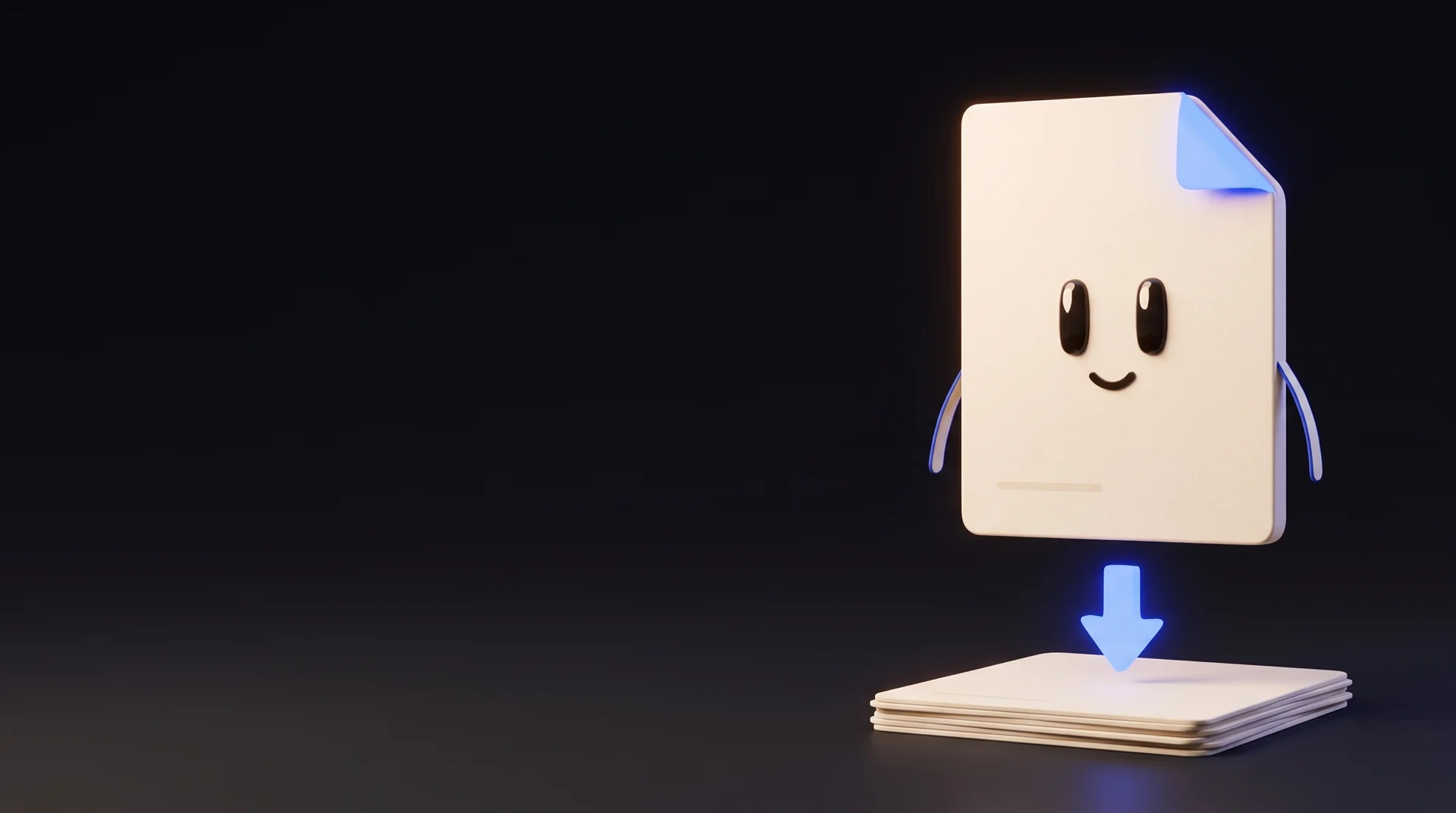 Fold, the sheet of paper with a face and the cobalt blue folded corner, above a blue arrow pointing down towards a stack of sheets