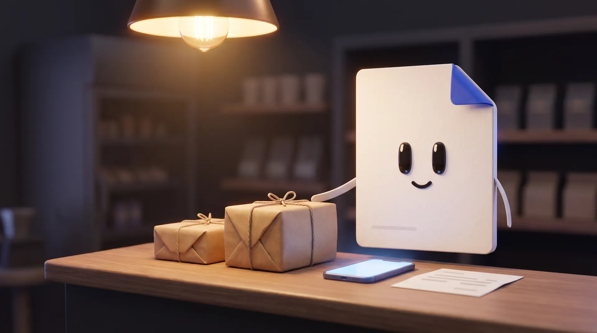 Fold, la hoja de papel con cara y la esquina doblada azul cobalto, tras un mostrador con paquetes apilados y una lámpara