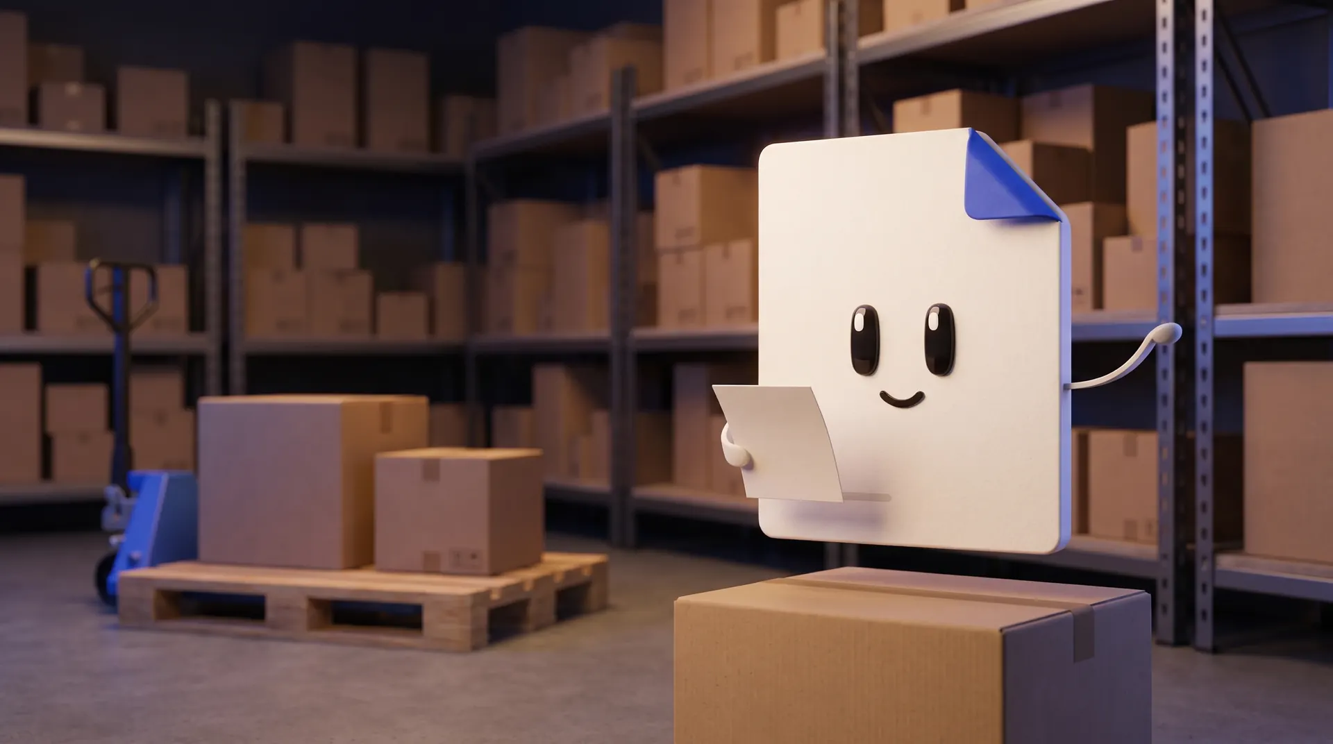 Fold, la hoja de papel con cara y la esquina doblada azul cobalto, en un almacén rodeado de palés y cajas apiladas