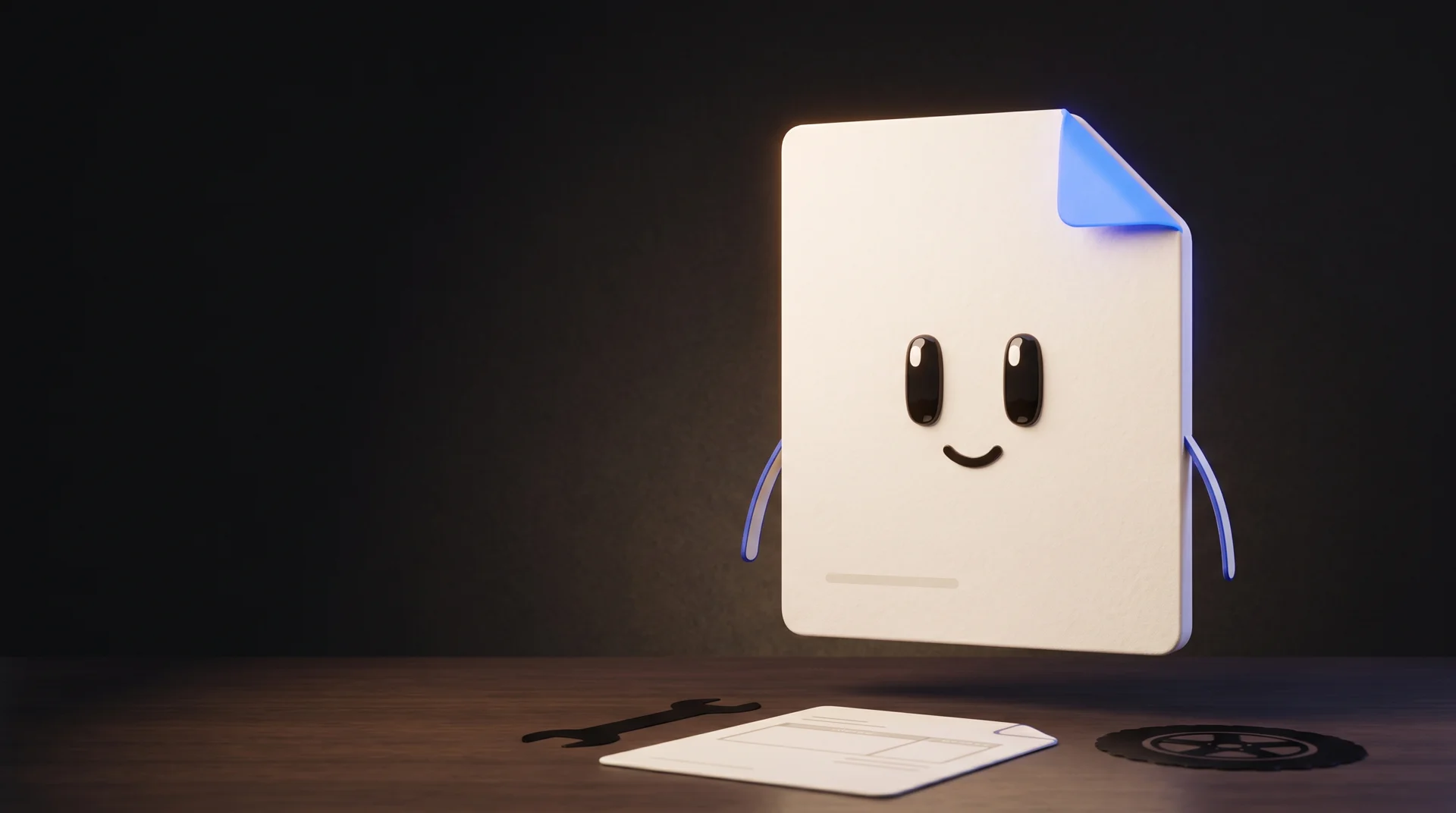 Fold, the sheet of paper with a face and a cobalt-blue folded corner, standing next to tools and parts in a repair shop